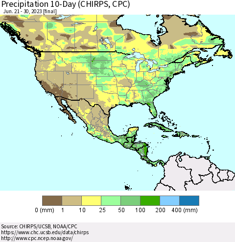 North America Precipitation 10-Day (CHIRPS) Thematic Map For 6/21/2023 - 6/30/2023