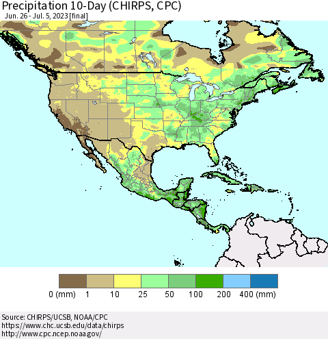 North America Precipitation 10-Day (CHIRPS) Thematic Map For 6/26/2023 - 7/5/2023
