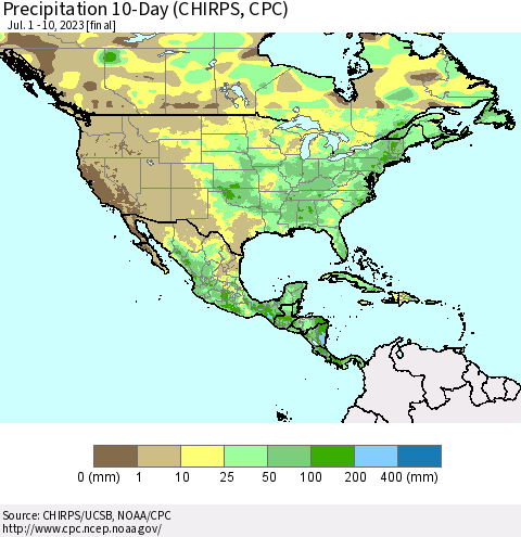 North America Precipitation 10-Day (CHIRPS) Thematic Map For 7/1/2023 - 7/10/2023