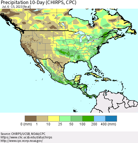 North America Precipitation 10-Day (CHIRPS) Thematic Map For 7/6/2023 - 7/15/2023