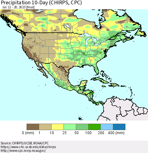 North America Precipitation 10-Day (CHIRPS) Thematic Map For 7/11/2023 - 7/20/2023