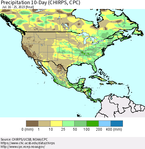 North America Precipitation 10-Day (CHIRPS) Thematic Map For 7/16/2023 - 7/25/2023