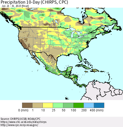 North America Precipitation 10-Day (CHIRPS) Thematic Map For 7/21/2023 - 7/31/2023
