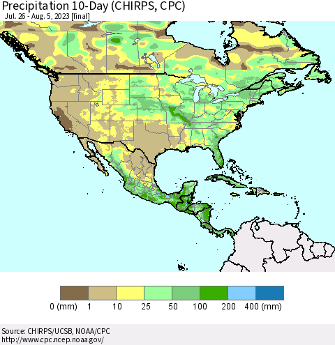 North America Precipitation 10-Day (CHIRPS) Thematic Map For 7/26/2023 - 8/5/2023