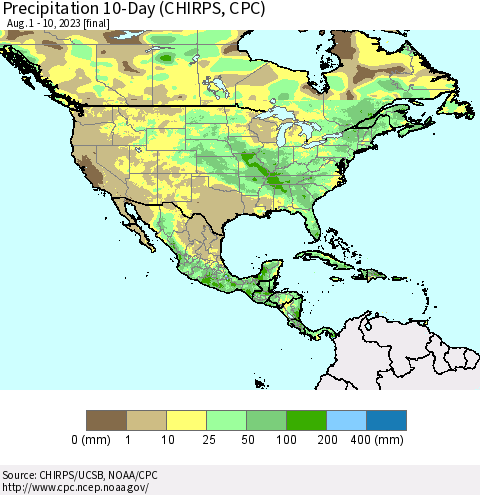 North America Precipitation 10-Day (CHIRPS) Thematic Map For 8/1/2023 - 8/10/2023