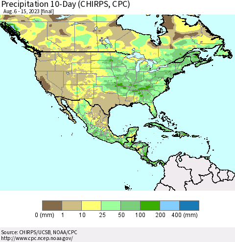 North America Precipitation 10-Day (CHIRPS) Thematic Map For 8/6/2023 - 8/15/2023