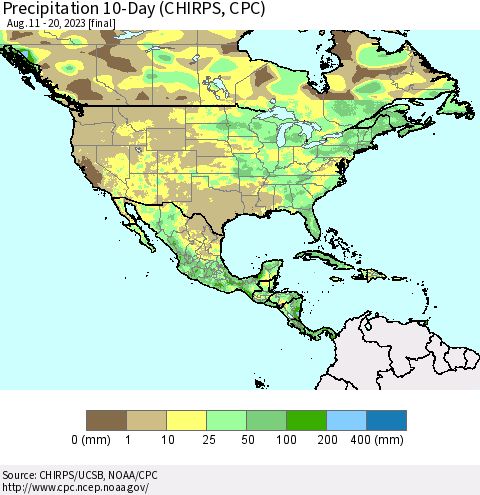 North America Precipitation 10-Day (CHIRPS) Thematic Map For 8/11/2023 - 8/20/2023