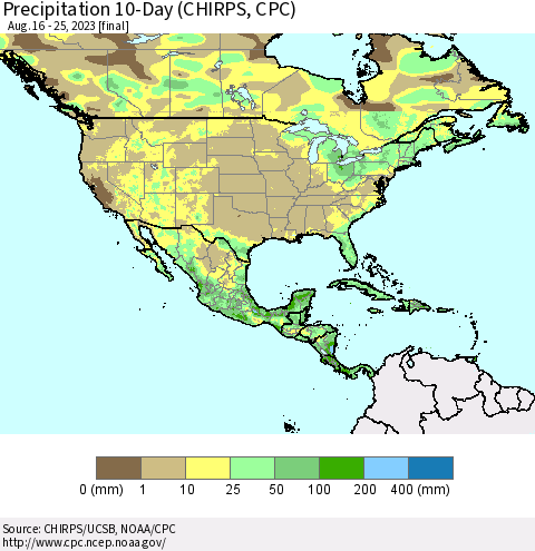 North America Precipitation 10-Day (CHIRPS) Thematic Map For 8/16/2023 - 8/25/2023