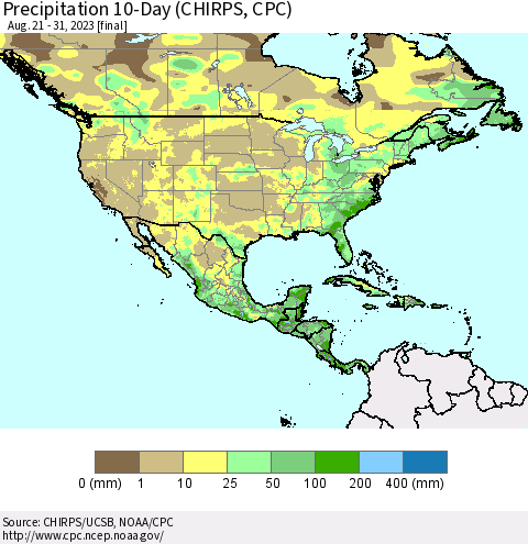 North America Precipitation 10-Day (CHIRPS) Thematic Map For 8/21/2023 - 8/31/2023