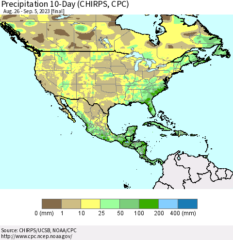 North America Precipitation 10-Day (CHIRPS) Thematic Map For 8/26/2023 - 9/5/2023