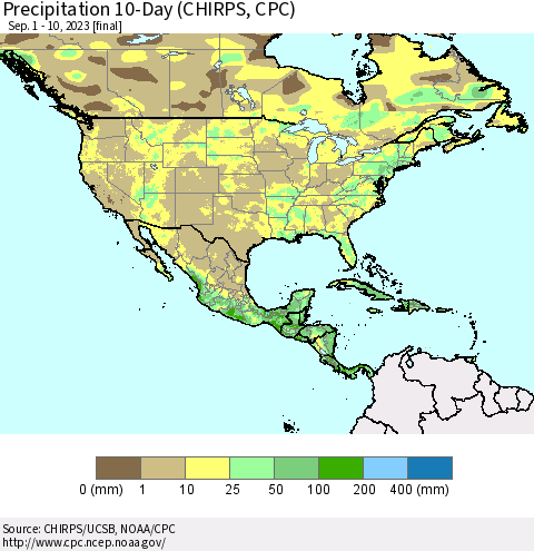 North America Precipitation 10-Day (CHIRPS) Thematic Map For 9/1/2023 - 9/10/2023