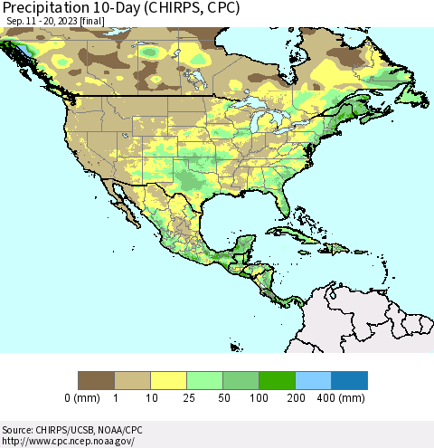North America Precipitation 10-Day (CHIRPS) Thematic Map For 9/11/2023 - 9/20/2023