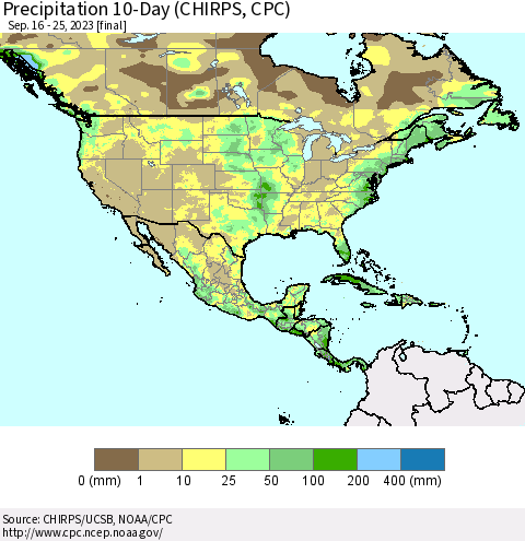 North America Precipitation 10-Day (CHIRPS) Thematic Map For 9/16/2023 - 9/25/2023