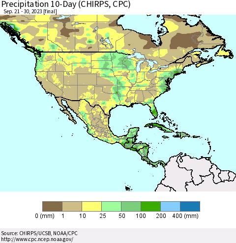 North America Precipitation 10-Day (CHIRPS) Thematic Map For 9/21/2023 - 9/30/2023