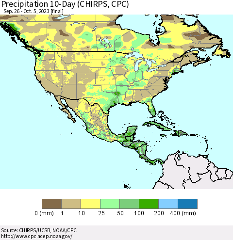 North America Precipitation 10-Day (CHIRPS) Thematic Map For 9/26/2023 - 10/5/2023