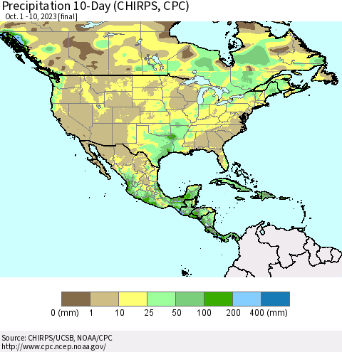 North America Precipitation 10-Day (CHIRPS) Thematic Map For 10/1/2023 - 10/10/2023