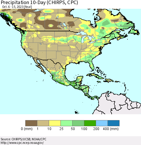 North America Precipitation 10-Day (CHIRPS) Thematic Map For 10/6/2023 - 10/15/2023