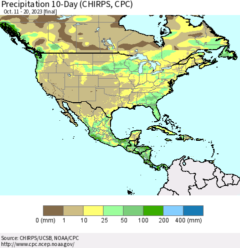 North America Precipitation 10-Day (CHIRPS) Thematic Map For 10/11/2023 - 10/20/2023