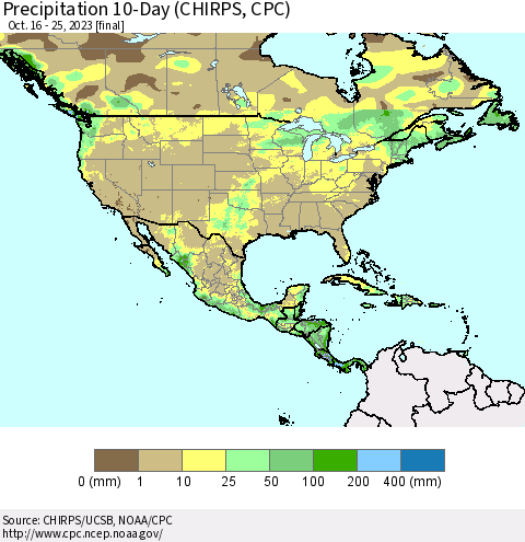 North America Precipitation 10-Day (CHIRPS) Thematic Map For 10/16/2023 - 10/25/2023