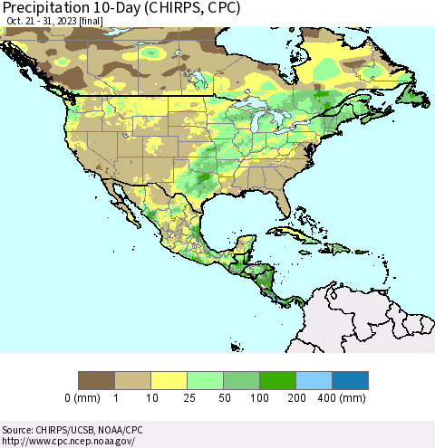 North America Precipitation 10-Day (CHIRPS) Thematic Map For 10/21/2023 - 10/31/2023