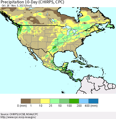 North America Precipitation 10-Day (CHIRPS) Thematic Map For 10/26/2023 - 11/5/2023