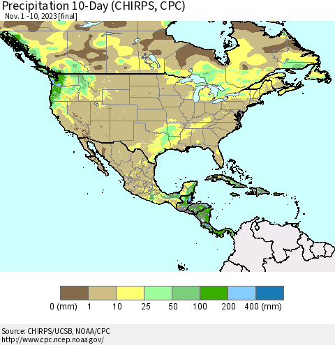 North America Precipitation 10-Day (CHIRPS) Thematic Map For 11/1/2023 - 11/10/2023