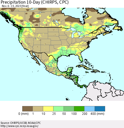 North America Precipitation 10-Day (CHIRPS) Thematic Map For 11/6/2023 - 11/15/2023