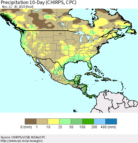 North America Precipitation 10-Day (CHIRPS) Thematic Map For 11/11/2023 - 11/20/2023