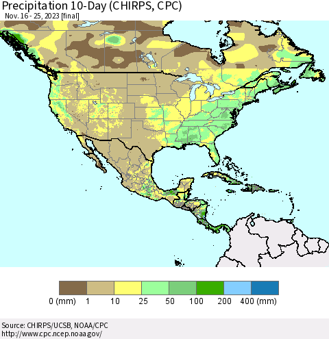 North America Precipitation 10-Day (CHIRPS) Thematic Map For 11/16/2023 - 11/25/2023
