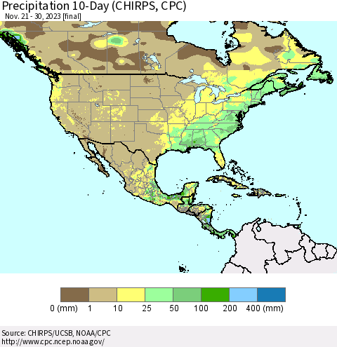 North America Precipitation 10-Day (CHIRPS) Thematic Map For 11/21/2023 - 11/30/2023