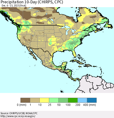 North America Precipitation 10-Day (CHIRPS) Thematic Map For 12/6/2023 - 12/15/2023