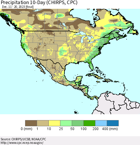 North America Precipitation 10-Day (CHIRPS) Thematic Map For 12/11/2023 - 12/20/2023