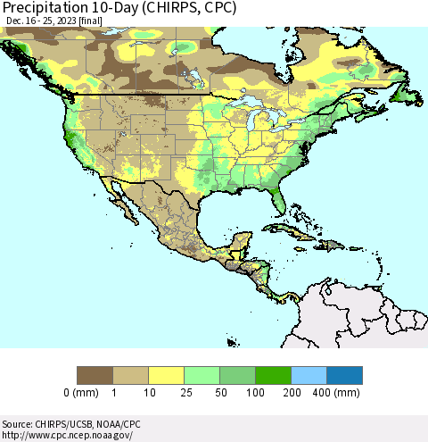 North America Precipitation 10-Day (CHIRPS) Thematic Map For 12/16/2023 - 12/25/2023