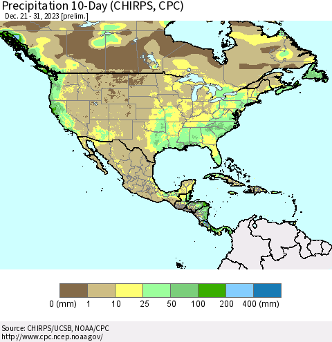 North America Precipitation 10-Day (CHIRPS) Thematic Map For 12/21/2023 - 12/31/2023