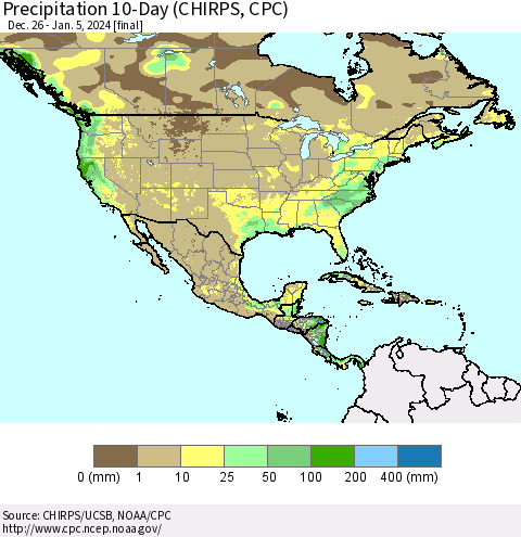 North America Precipitation 10-Day (CHIRPS) Thematic Map For 12/26/2023 - 1/5/2024