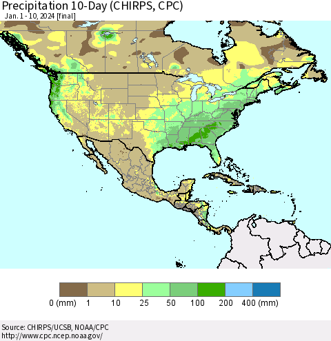 North America Precipitation 10-Day (CHIRPS) Thematic Map For 1/1/2024 - 1/10/2024