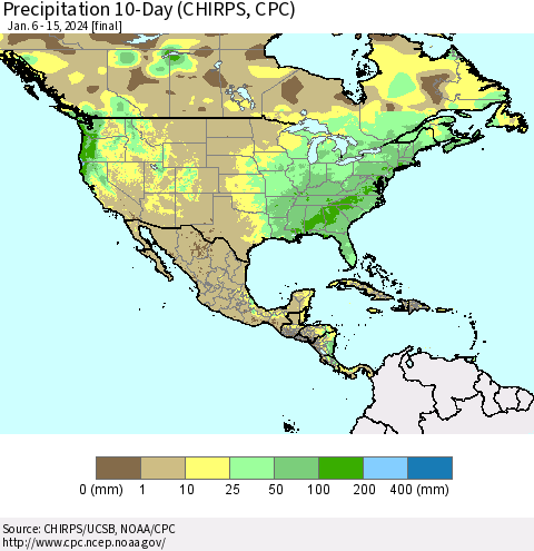 North America Precipitation 10-Day (CHIRPS) Thematic Map For 1/6/2024 - 1/15/2024