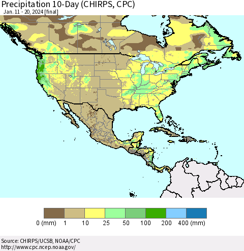 North America Precipitation 10-Day (CHIRPS) Thematic Map For 1/11/2024 - 1/20/2024