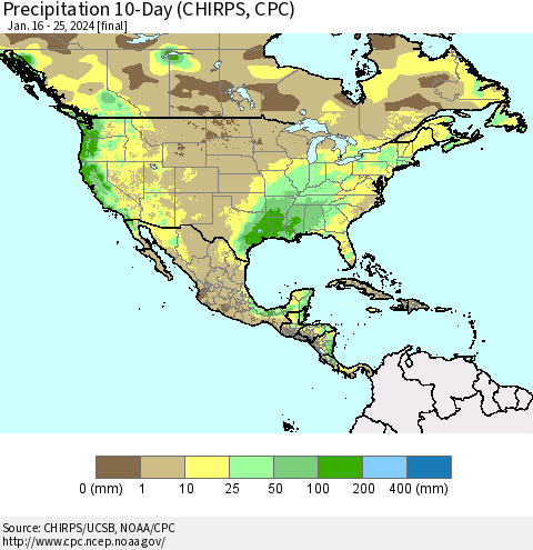 North America Precipitation 10-Day (CHIRPS) Thematic Map For 1/16/2024 - 1/25/2024