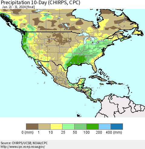 North America Precipitation 10-Day (CHIRPS) Thematic Map For 1/21/2024 - 1/31/2024