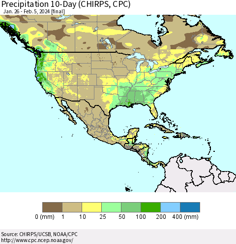 North America Precipitation 10-Day (CHIRPS) Thematic Map For 1/26/2024 - 2/5/2024