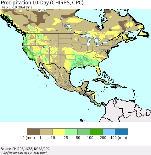 North America Precipitation 10-Day (CHIRPS) Thematic Map For 2/1/2024 - 2/10/2024