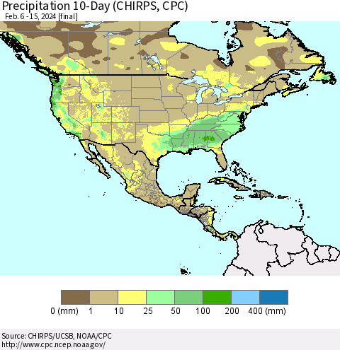 North America Precipitation 10-Day (CHIRPS) Thematic Map For 2/6/2024 - 2/15/2024