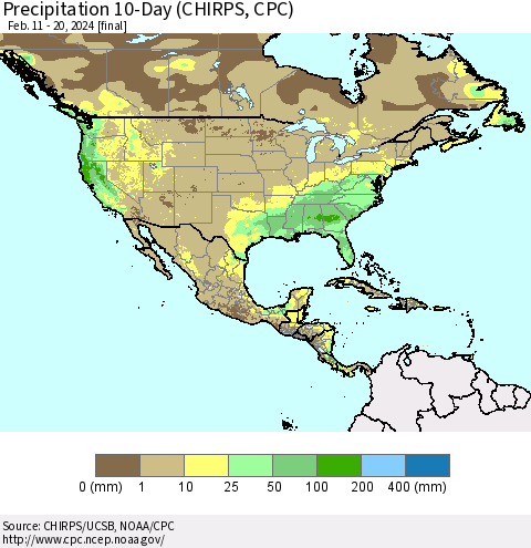 North America Precipitation 10-Day (CHIRPS) Thematic Map For 2/11/2024 - 2/20/2024