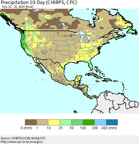 North America Precipitation 10-Day (CHIRPS) Thematic Map For 2/16/2024 - 2/25/2024
