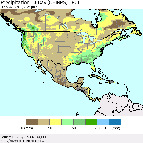 North America Precipitation 10-Day (CHIRPS) Thematic Map For 2/26/2024 - 3/5/2024