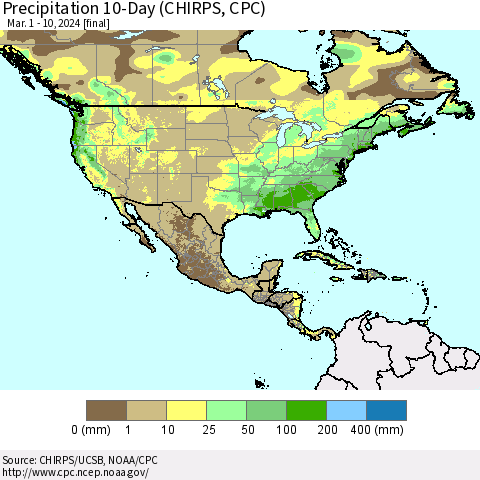 North America Precipitation 10-Day (CHIRPS) Thematic Map For 3/1/2024 - 3/10/2024