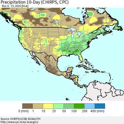 North America Precipitation 10-Day (CHIRPS) Thematic Map For 3/6/2024 - 3/15/2024