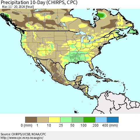 North America Precipitation 10-Day (CHIRPS) Thematic Map For 3/11/2024 - 3/20/2024