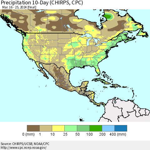 North America Precipitation 10-Day (CHIRPS) Thematic Map For 3/16/2024 - 3/25/2024
